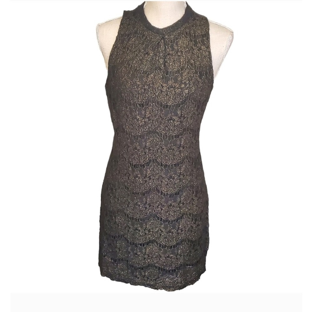 Love Fire Black Gold Lace Sleeveless Mock Neck Cocktail Dress Size Large, NWT